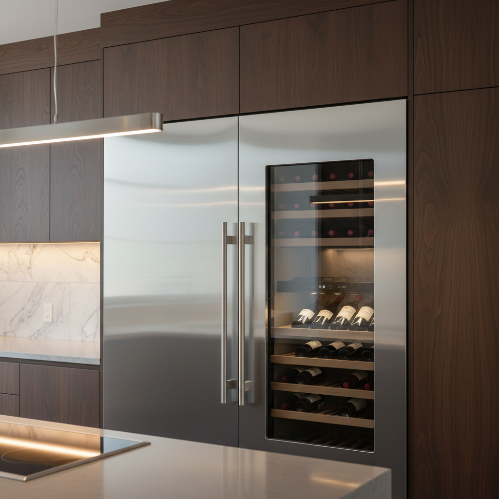 Built-in refrigerator and wine cooler in a premium kitchen