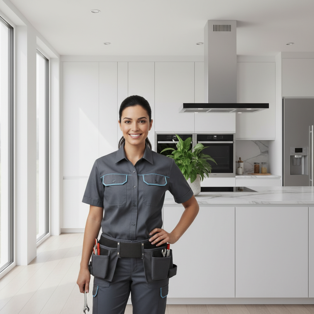 Professional appliance repair technician in a clean modern kitchen